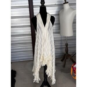 Mono B Women's Cream Crochet Lace Fringe Vest Cardigan Boho Open Front Large
